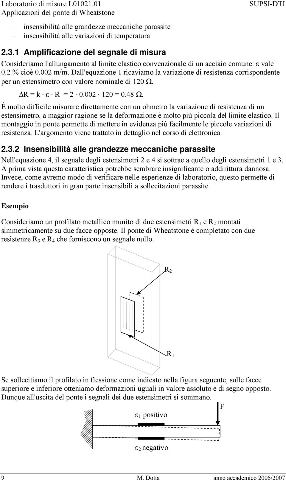 Dall'equazione 1 ricaviamo la variazione di resistenza corrispondente per un estensimetro con valore nominale di 10 Ω. ΔR = k ε R = 0.00 10 = 0.8 Ω.