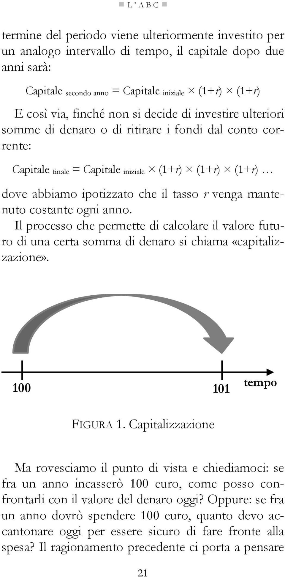 mantenuto costante ogni anno. Il processo che permette di calcolare il valore futuro di una certa somma di denaro si chiama «capitalizzazione». 100 101 tempo FIGURA 1.