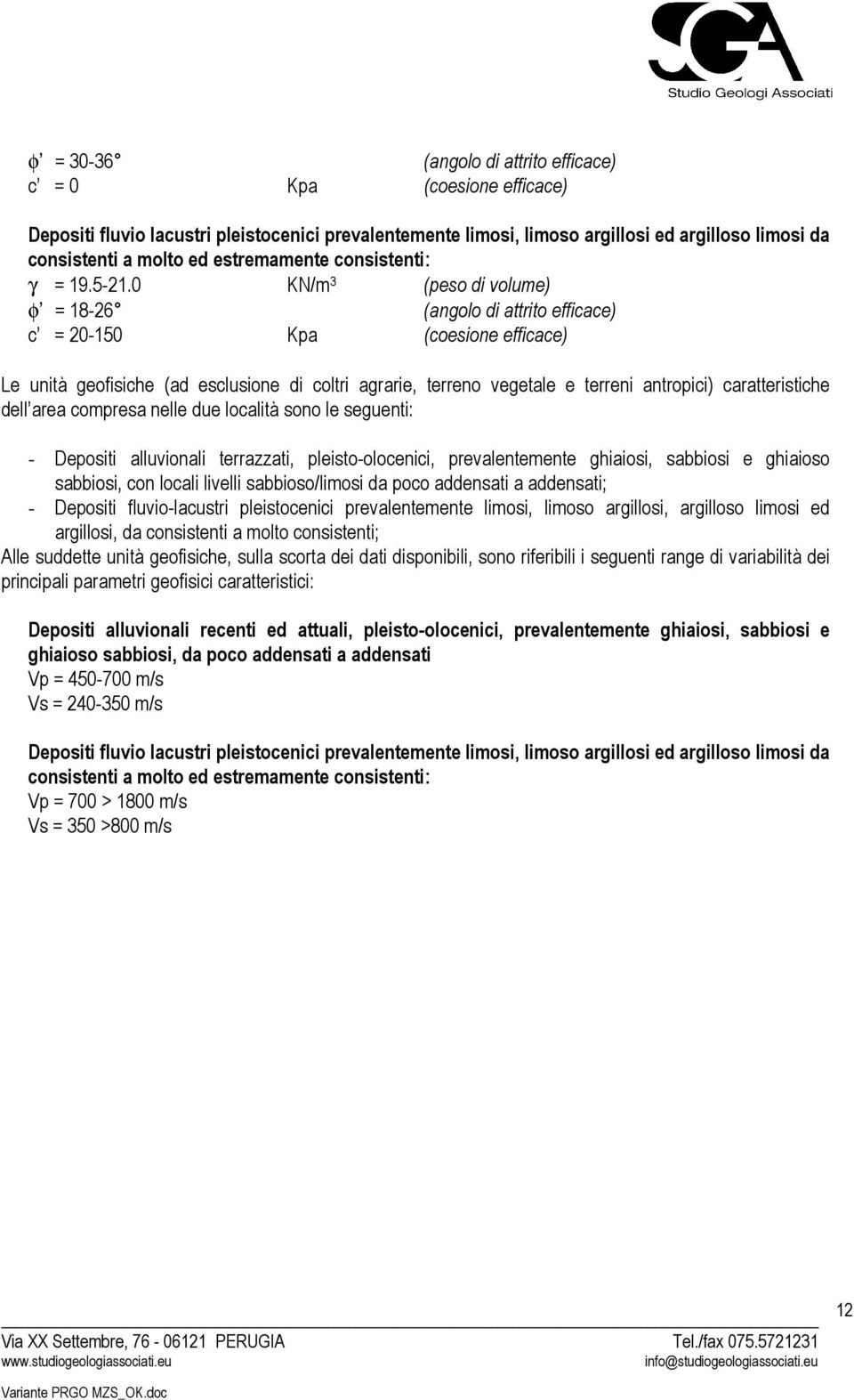 0 KN/m 3 (peso di volume) φ = 18-26 (angolo di attrito efficace) c = 20-150 Kpa (coesione efficace) Le unità geofisiche (ad esclusione di coltri agrarie, terreno vegetale e terreni antropici)