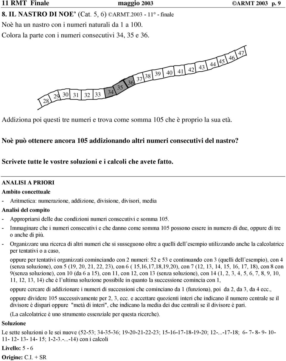 Noè può ottenere ancora 105 addizionando altri numeri consecutivi del nastro? Scrivete tutte le vostre soluzioni e i calcoli che avete fatto.