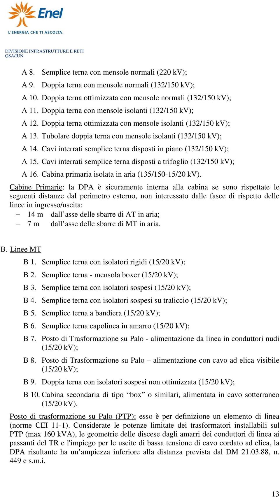 Cavi interrati semplice terna disposti in piano (132/150 kv); A 15. Cavi interrati semplice terna disposti a trifoglio (132/150 kv); A 16. Cabina primaria isolata in aria (135/150-15/20 kv).