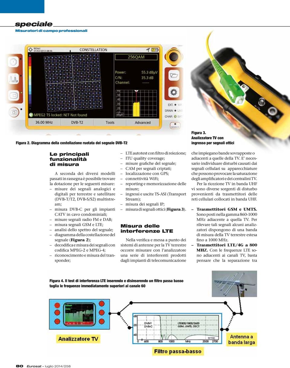 dei segnali analogici e digitali per terrestre e satellitare (DVB-T/T2, DVB-S/S2) multistream; misura DVB-C per gli impianti CATV in cavo condominiali; misure segnali radio FM e DAB; misura segnali