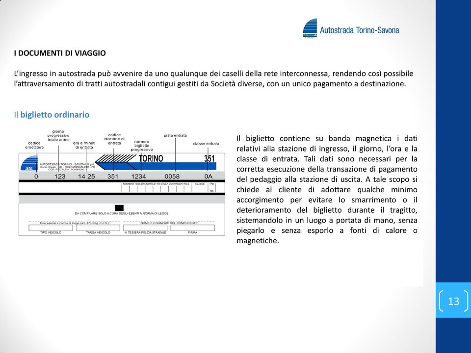 Il biglietto ordinario Il biglietto contiene su banda magnetica i dati relativi alla stazione di ingresso, il giorno, l ora e la classe di entrata.