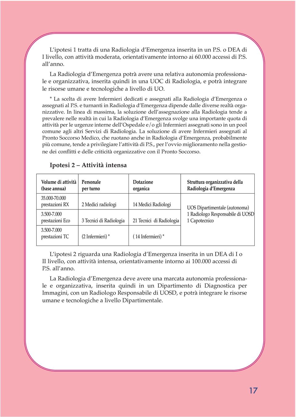 * La scelta di avere Infermieri dedicati e assegnati alla Radiologia d Emergenza o assegnati al P.S. e turnanti in Radiologia d Emergenza dipende dalle diverse realtà organizzative.