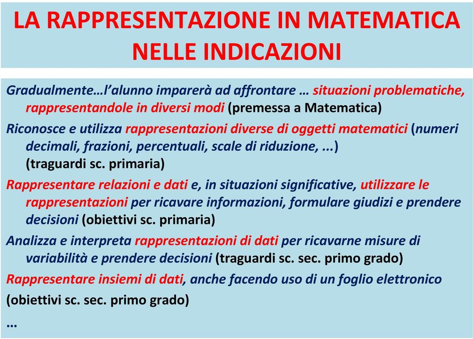 primaria) Rappresentare relazioni e datie, in situazioni significative, utilizzare le rappresentazioni per ricavare informazioni, formulare giudizi e prendere decisioni (obiettivi sc.