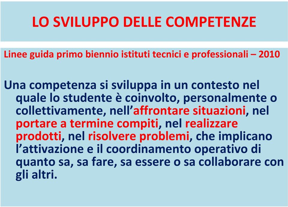 affrontare situazioni, nel portare a termine compiti, nel realizzare prodotti, nel risolvere problemi, che