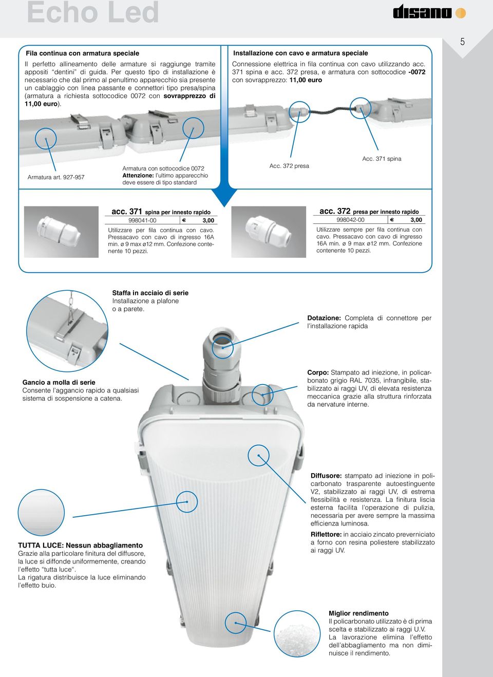 con sovrapprezzo di 11,00 euro). Installazione con cavo e armatura speciale Connessione elettrica in fila continua con cavo utilizzando acc. 371 spina e acc.