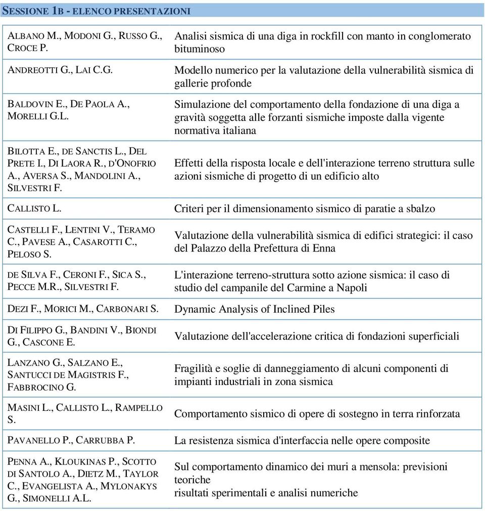 , MORICI M., CARBONARI S. DI FILIPPO G., BANDINI V., BIONDI G., CASCONE E. LANZANO G., SALZANO E., SANTUCCI DE MAGISTRIS F., FABBROCINO G. MASINI L., CALLISTO L., RAMPELLO S. PAVANELLO P., CARRUBBA P.