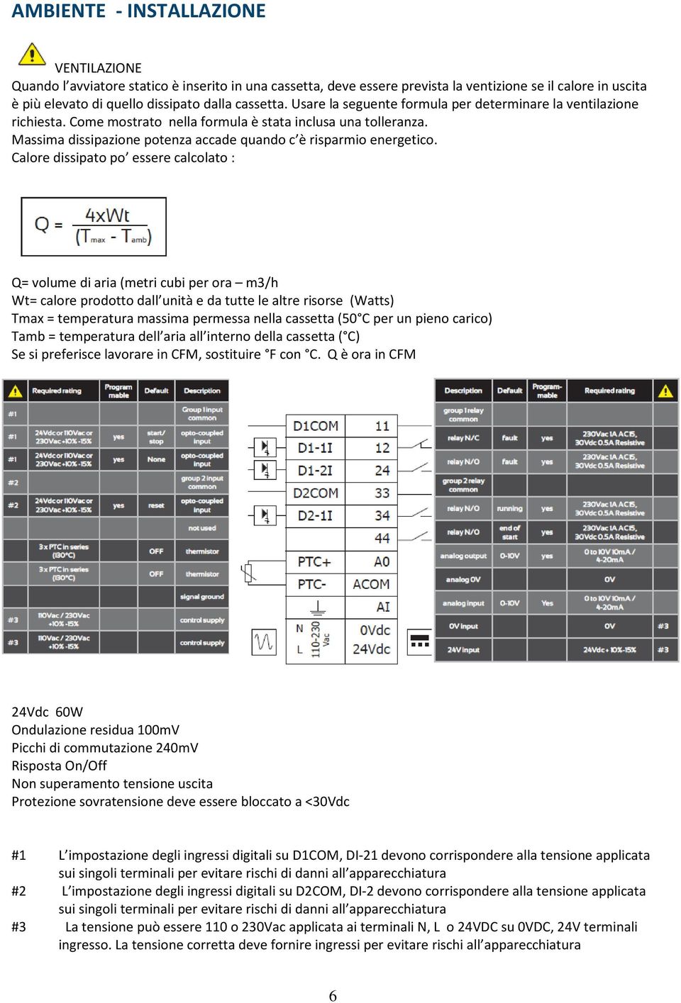 Calore dissipato po essere calcolato : Q= volume di aria (metri cubi per ora m3/h Wt= calore prodotto dall unità e da tutte le altre risorse (Watts) Tmax = temperatura massima permessa nella cassetta