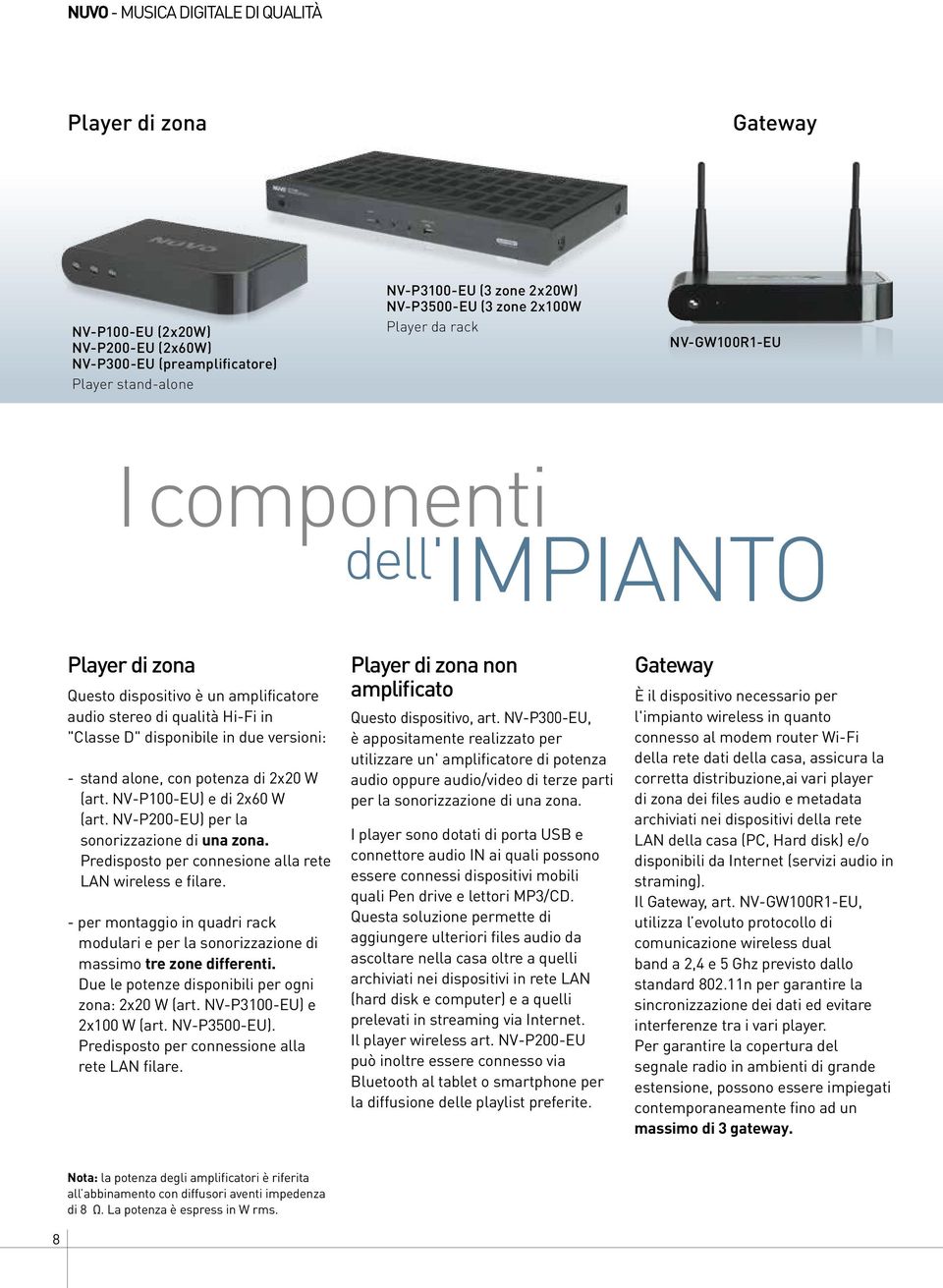 potenza di x0 W (art. NV-P100-EU) e di x60 W (art. NV-P00-EU) per la sonorizzazione di una zona. Predisposto per connesione alla rete LAN wireless e filare.