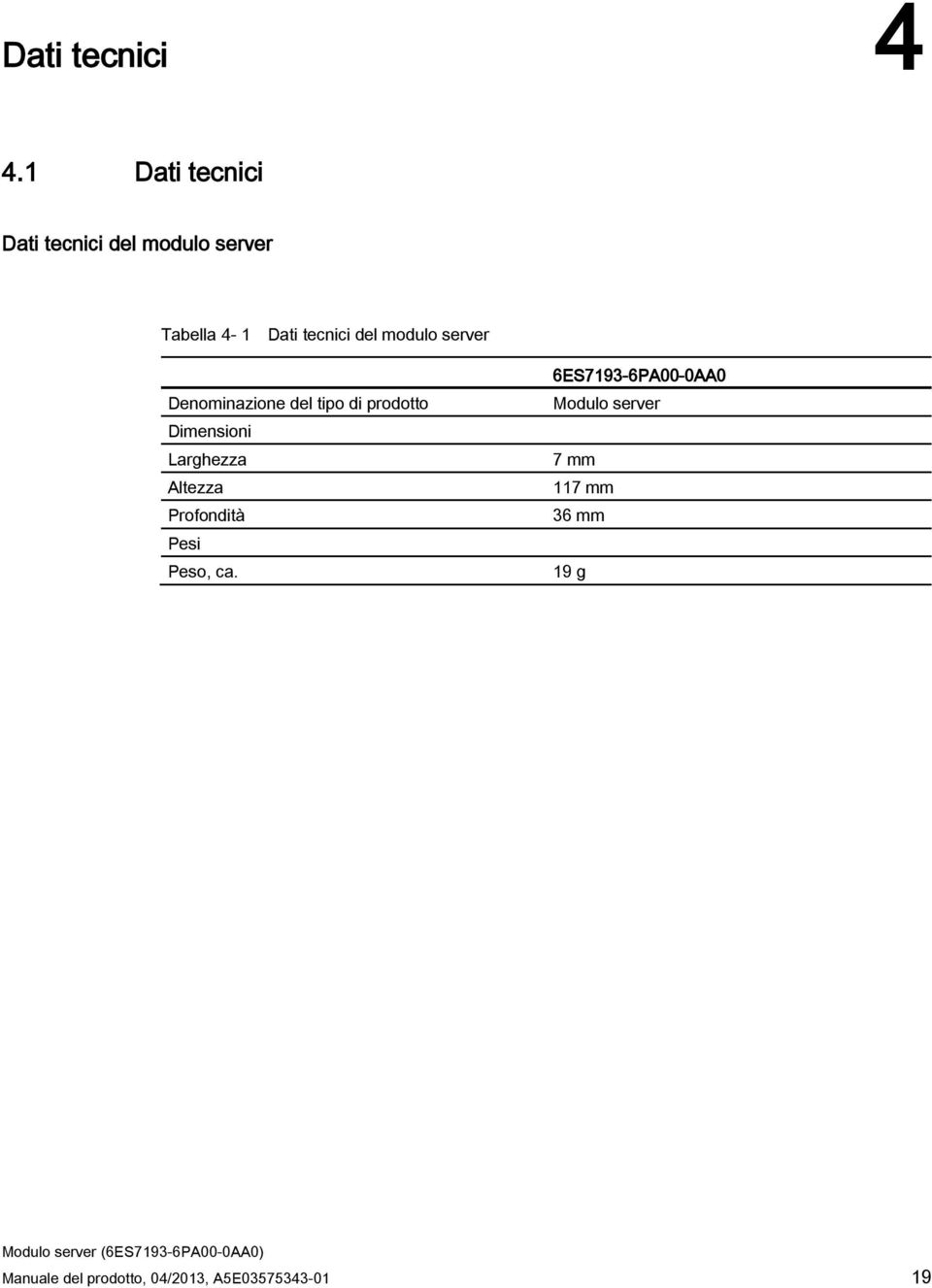 modulo server 6ES7193-6PA00-0AA0 Denominazione del tipo di prodotto