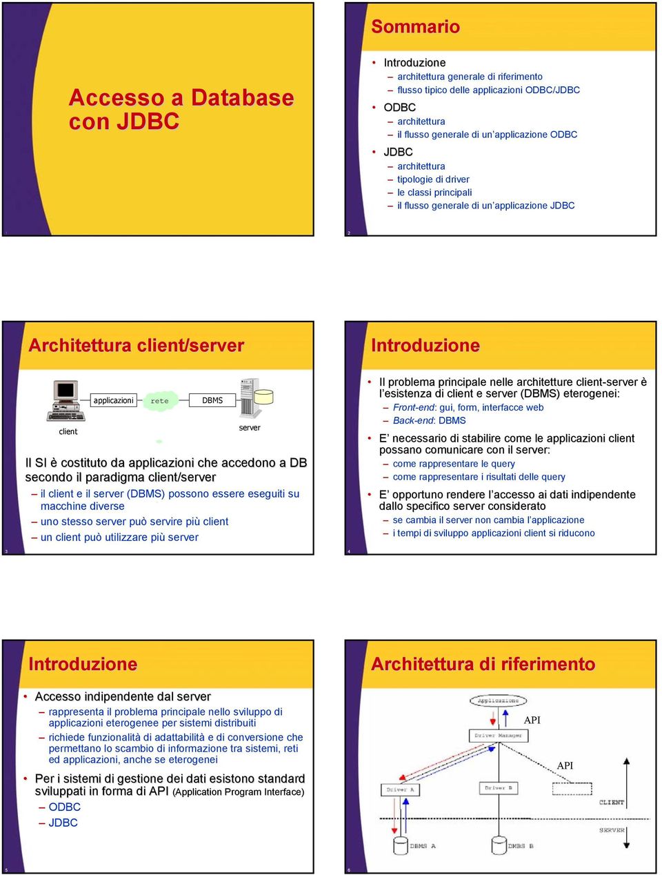 applicazioni che accedono a DB secondo il paradigma client/server il client e il server (DBMS) possono essere eseguiti su macchine diverse uno stesso server può servire più client un client può