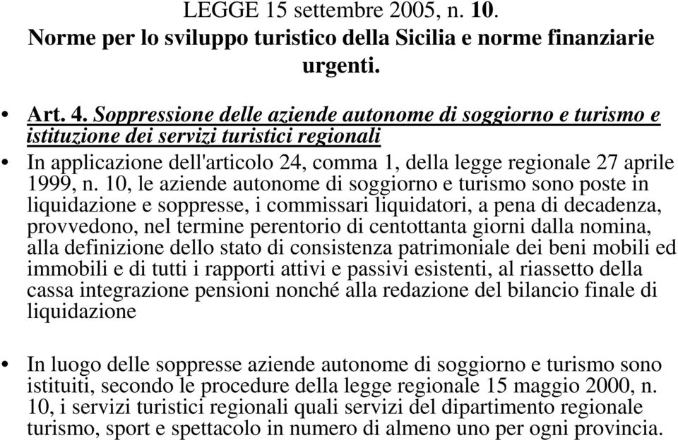 10, le aziende autonome di soggiorno e turismo sono poste in liquidazione e soppresse, i commissari liquidatori, a pena di decadenza, provvedono, nel termine perentorio di centottanta giorni dalla