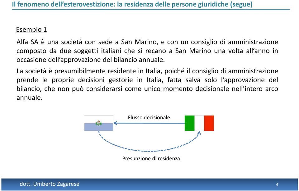 La società è presumibilmente residente in Italia, poiché il consiglio di amministrazione prende le proprie decisioni gestorie in Italia, fatta salva solo