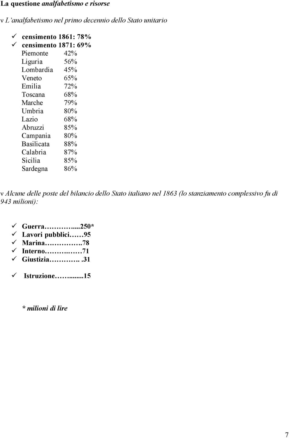 Basilicata 88% Calabria 87% Sicilia 85% Sardegna 86% ν Alcune delle poste del bilancio dello Stato italiano nel 1863 (lo stanziamento