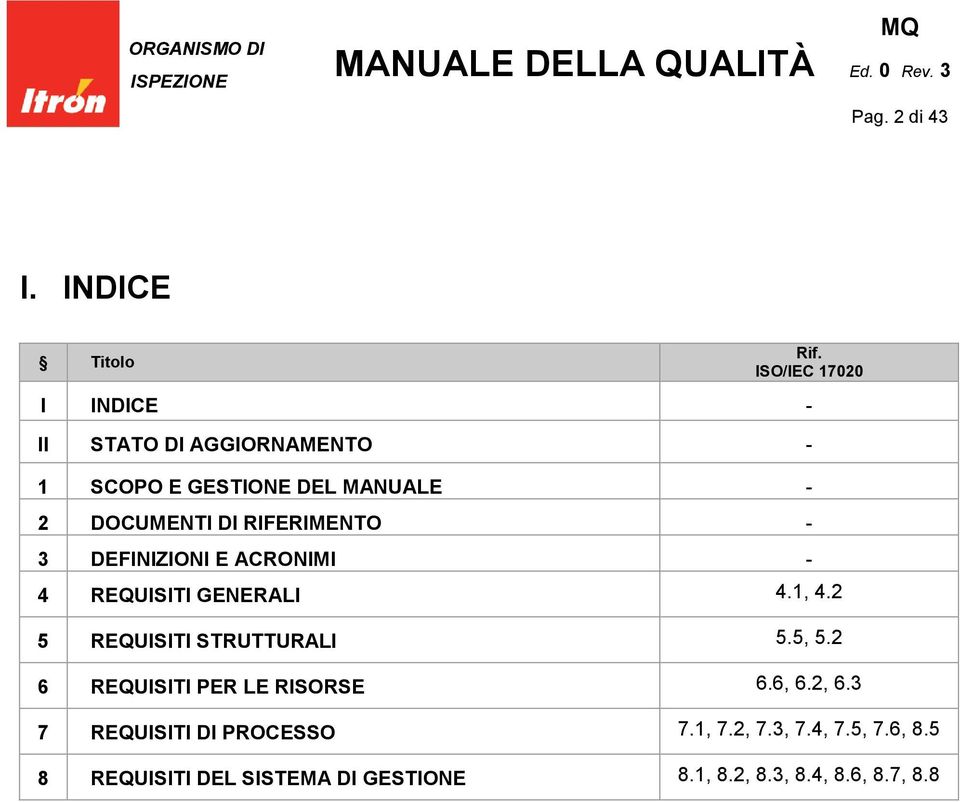 RIFERIMENTO - 3 DEFINIZIONI E ACRONIMI - 4 REQUISITI GENERALI 4.1, 4.2 5 REQUISITI STRUTTURALI 5.5, 5.