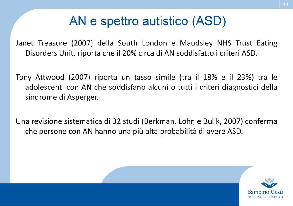 Tony Attwood (2007) riporta un tasso simile (tra il 18% e il 23%) tra le adolescenti con AN che soddisfano alcuni o tutti