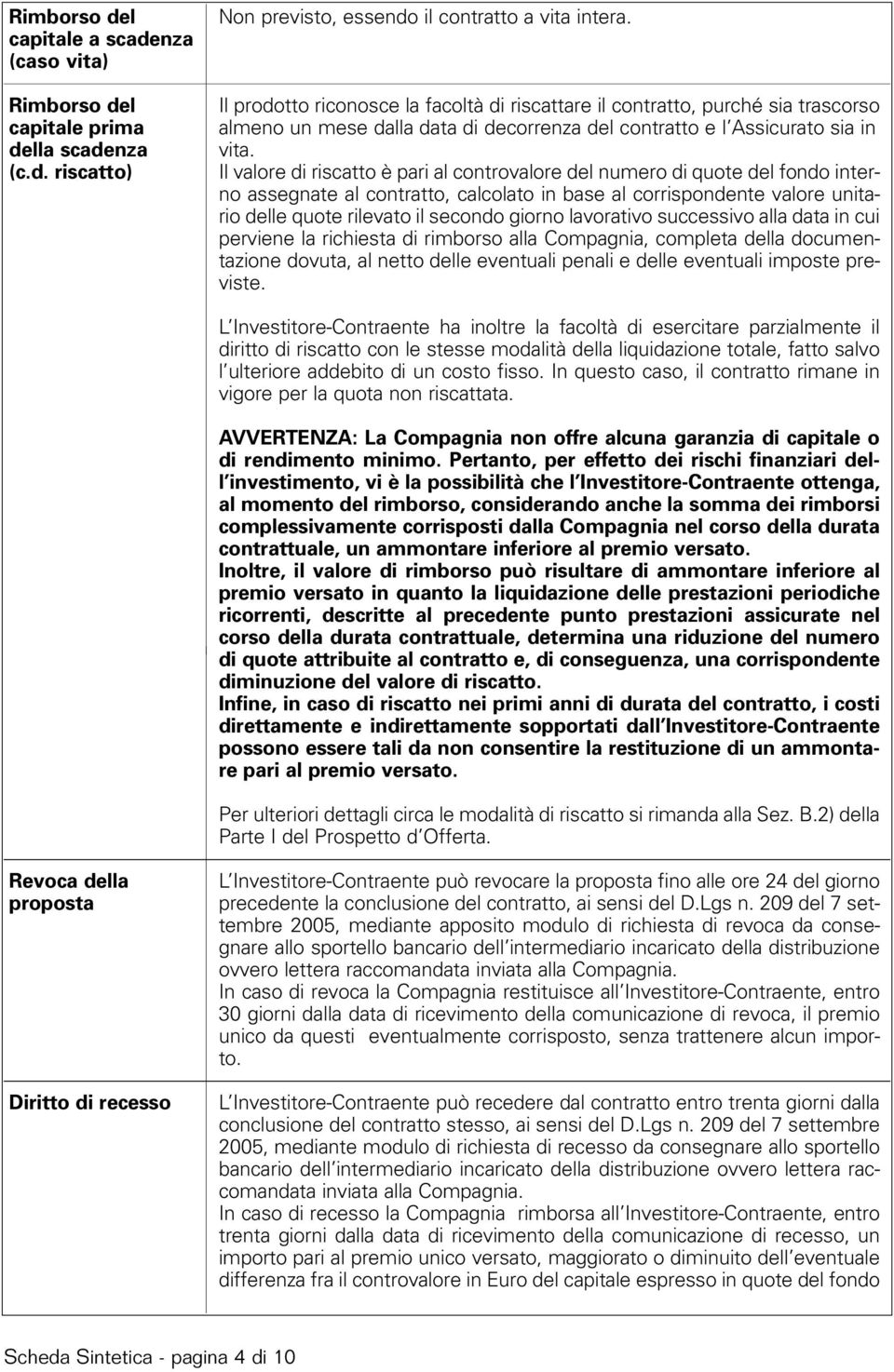 Il valore di riscatto è pari al controvalore del numero di quote del fondo interno assegnate al contratto, calcolato in base al corrispondente valore unitario delle quote rilevato il secondo giorno