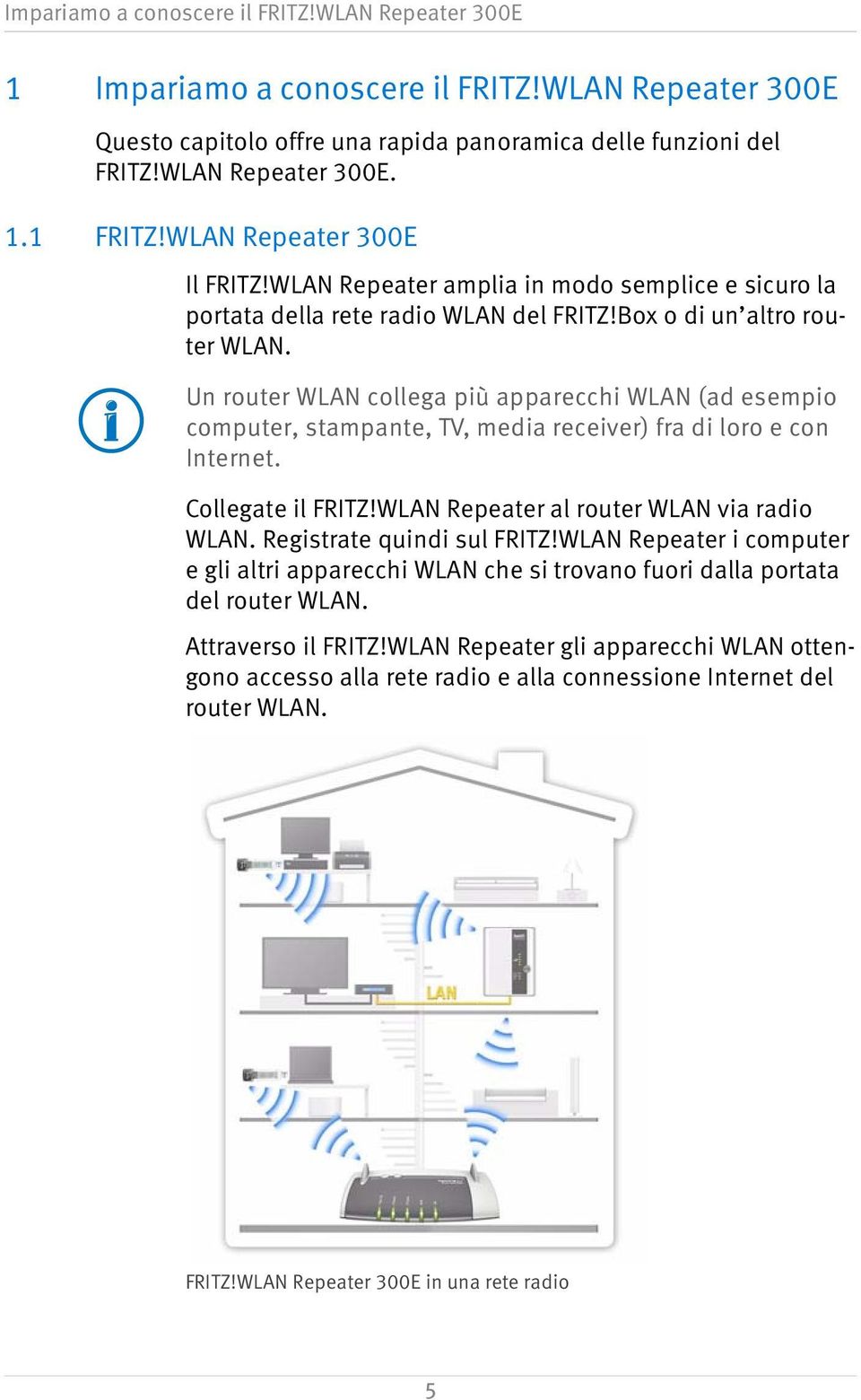 Un router WLAN collega più apparecchi WLAN (ad esempio computer, stampante, TV, media receiver) fra di loro e con Internet. Collegate il FRITZ!WLAN Repeater al router WLAN via radio WLAN.