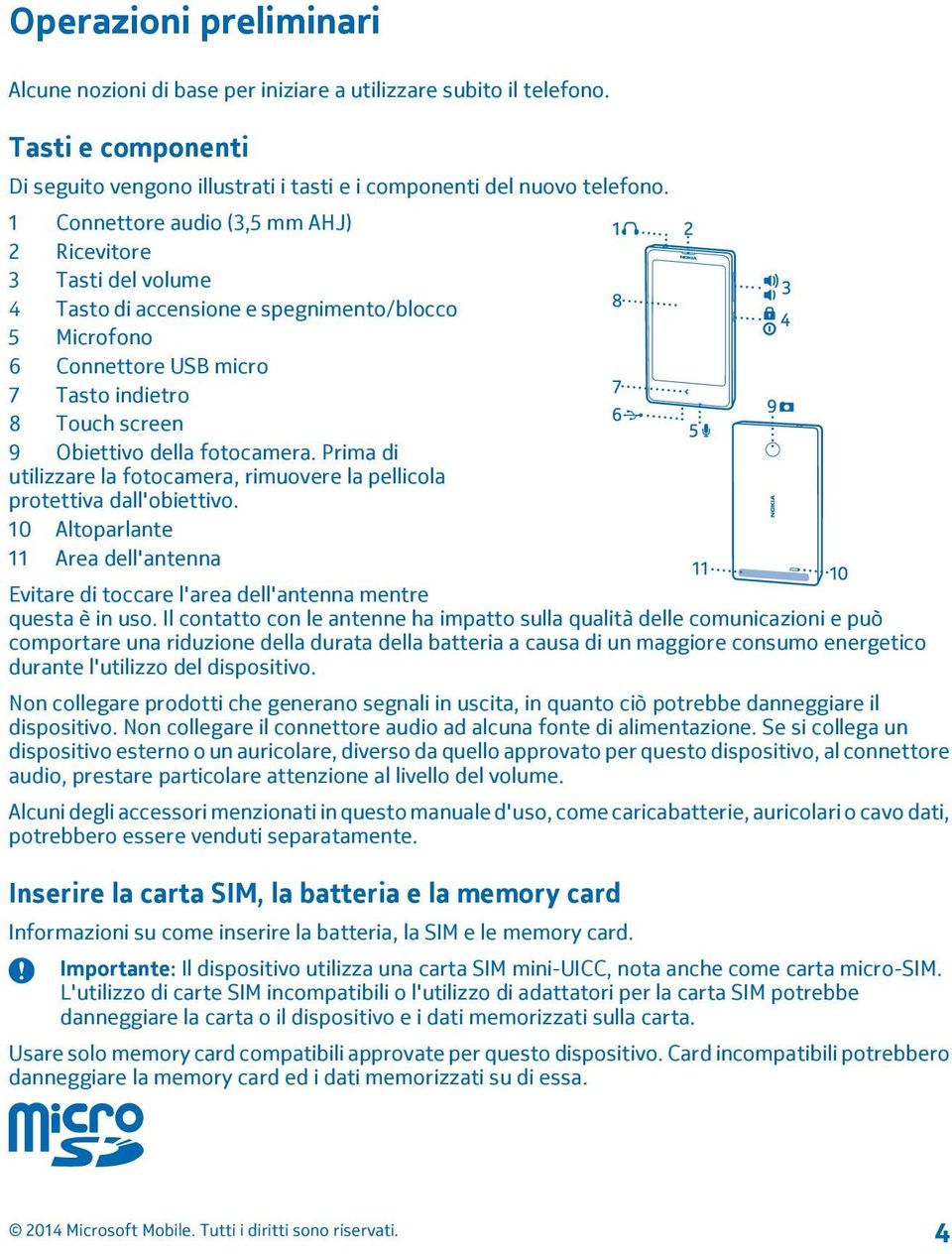 fotocamera. Prima di utilizzare la fotocamera, rimuovere la pellicola protettiva dall'obiettivo. 10 Altoparlante 11 Area dell'antenna Evitare di toccare l'area dell'antenna mentre questa è in uso.