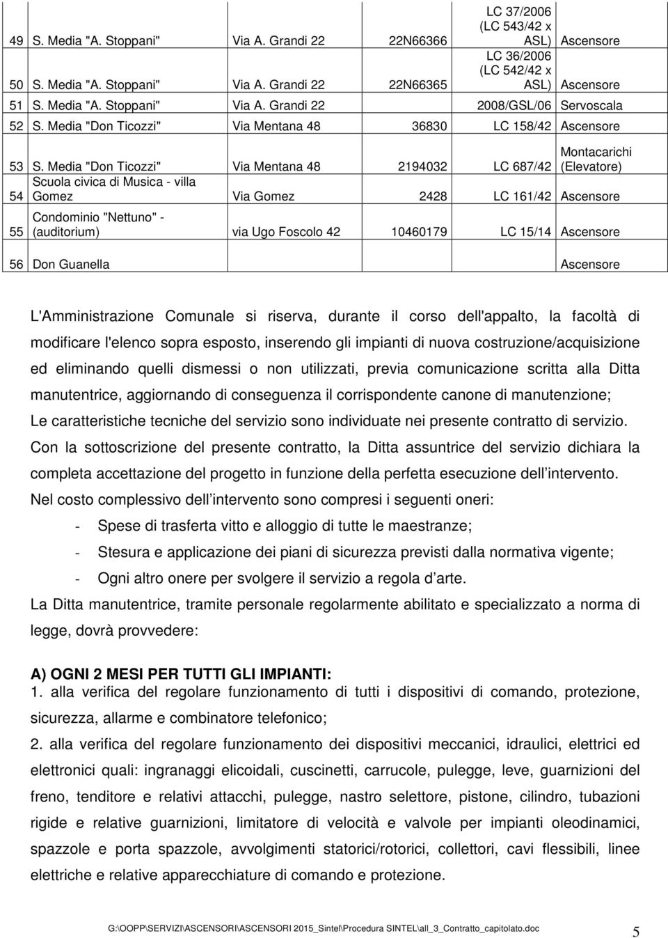 Media "Don Ticozzi" Via Mentana 48 2194032 Montacarichi LC 687/42 (Elevatore) Scuola civica di Musica - villa 54 Gomez Via Gomez 2428 LC 161/42 Ascensore 55 Condominio "Nettuno" - (auditorium) via