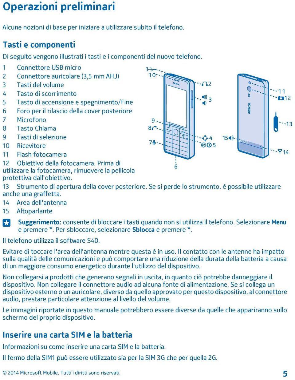 Microfono 8 Tasto Chiama 9 Tasti di selezione 10 Ricevitore 11 Flash fotocamera 12 Obiettivo della fotocamera. Prima di utilizzare la fotocamera, rimuovere la pellicola protettiva dall'obiettivo.