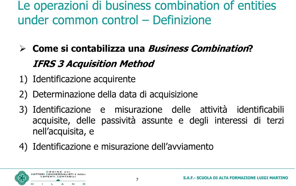 IFRS 3 Acquisition Method 1) Identificazione acquirente 2) Determinazione della data di acquisizione 3)