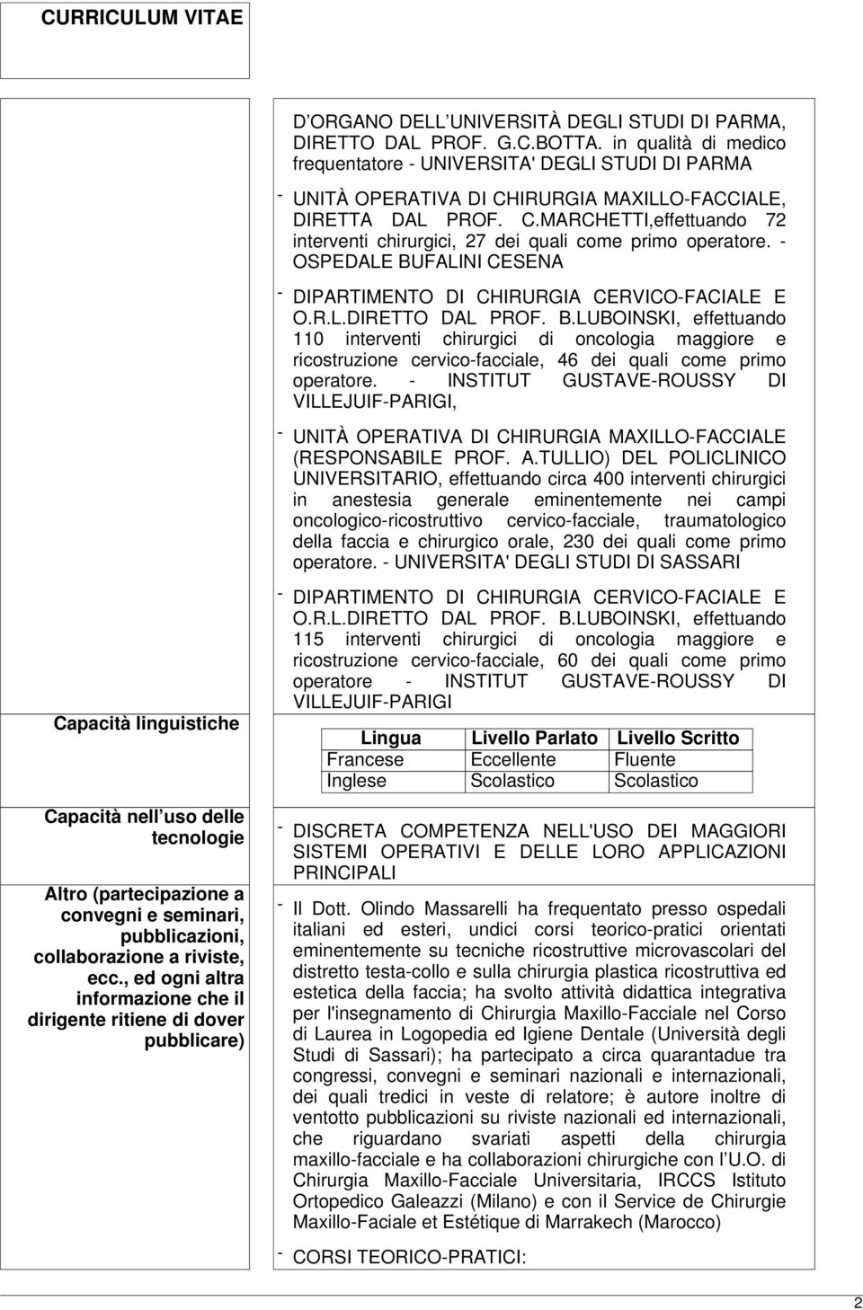 - OSPEDALE BUFALINI CESENA - DIPARTIMENTO DI CHIRURGIA CERVICO-FACIALE E O.R.L.DIRETTO DAL PROF. B.LUBOINSKI, effettuando 110 interventi chirurgici di oncologia maggiore e ricostruzione cervico-facciale, 46 dei quali come primo operatore.