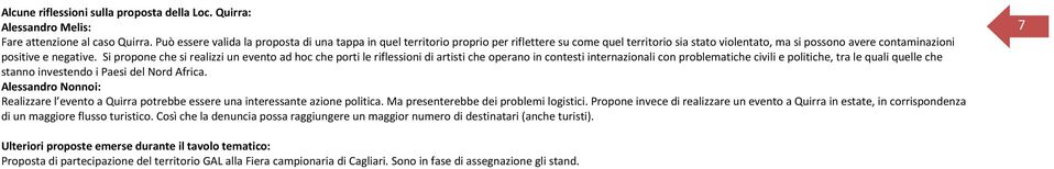 Si propone che si realizzi un evento ad hoc che porti le riflessioni di artisti che operano in contesti internazionali con problematiche civili e politiche, tra le quali quelle che stanno investendo