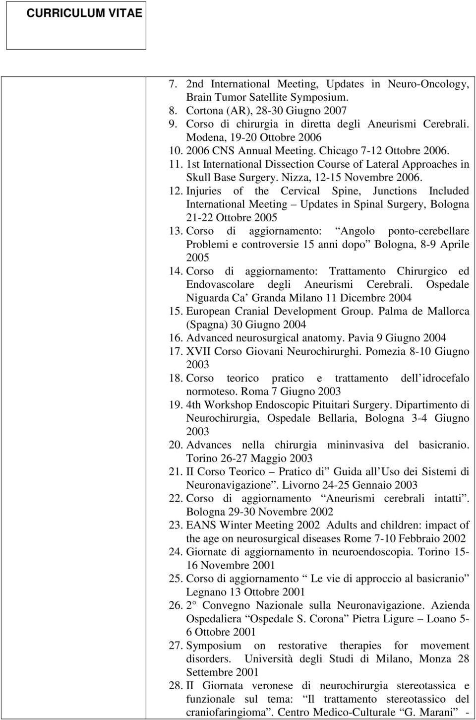 15 Novembre 2006. 12. Injuries of the Cervical Spine, Junctions Included International Meeting Updates in Spinal Surgery, Bologna 21-22 Ottobre 2005 13.