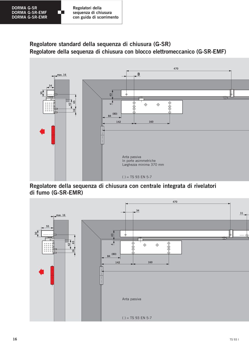 16 B 70 3 30 2 16 6 3 (80) 8 12 160 Anta passiva In porte asimmetriche Larghezza minima 370 mm ( ) = TS 93 EN -7 Regolatore della