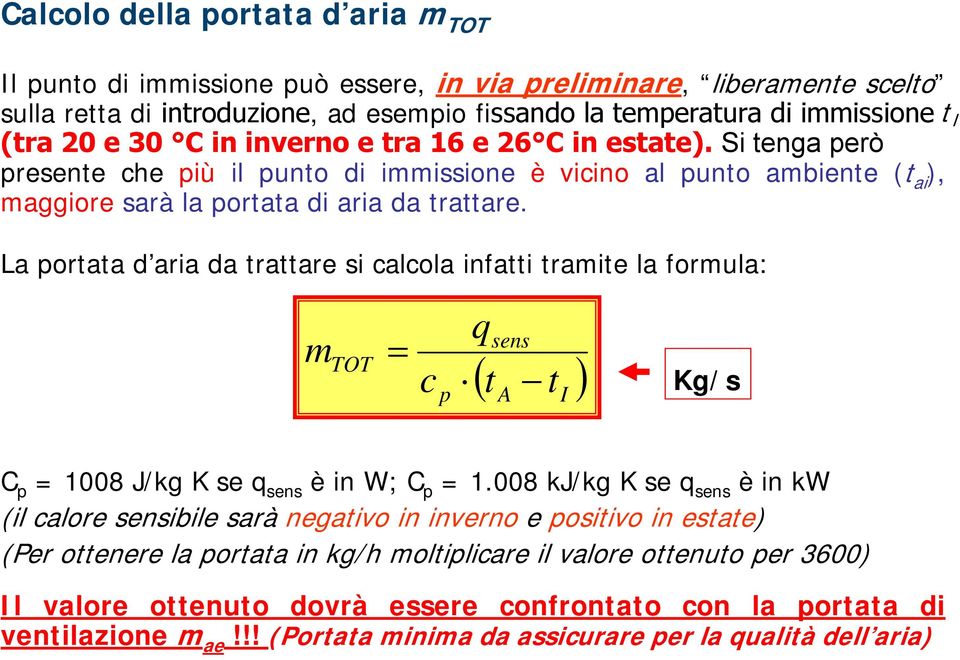 La portata d aria da trattare si calcola infatti traite la forula: c p q sens ( t t ) A I Kg/s C p 1008 J/kg K se q sens èin W; C p 1.