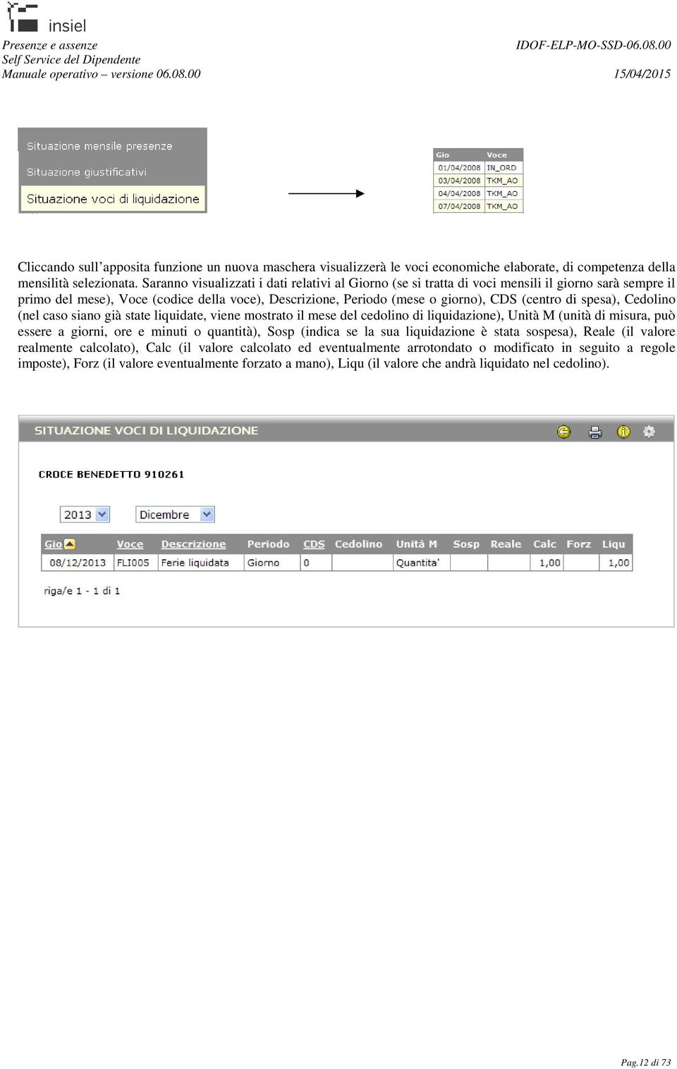 spesa), Cedolino (nel caso siano già state liquidate, viene mostrato il mese del cedolino di liquidazione), Unità M (unità di misura, può essere a giorni, ore e minuti o quantità), Sosp (indica se la