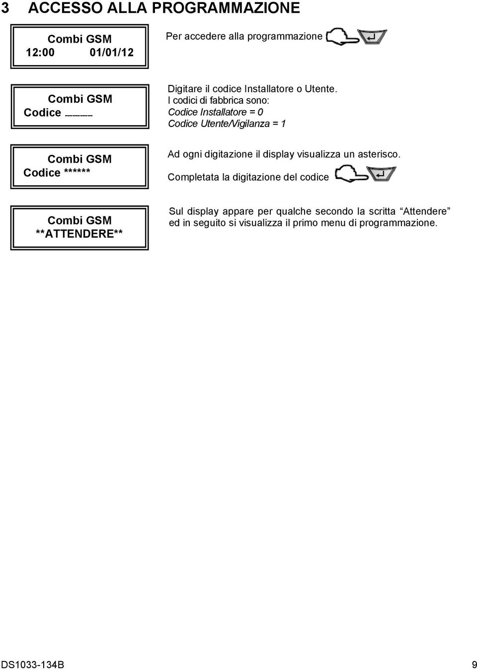 I codici di fabbrica sono: Codice Installatore = 0 Codice Utente/Vigilanza = 1 Ad ogni digitazione il display visualizza un