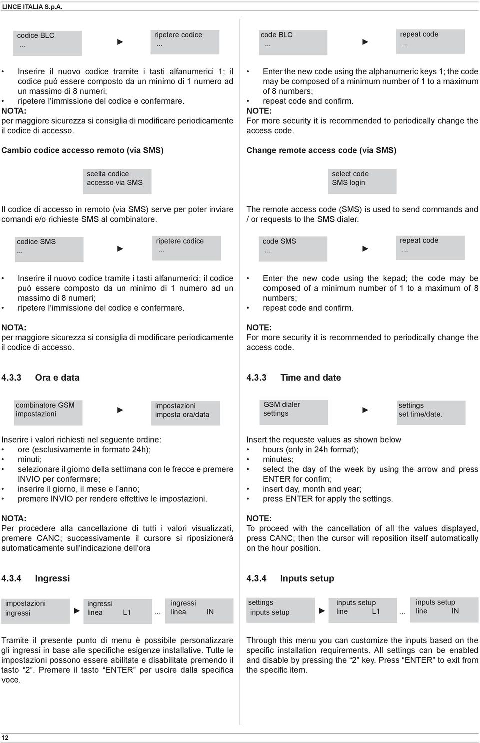 NOTA: per maggiore sicurezza si consiglia di modificare periodicamente il codice di accesso.