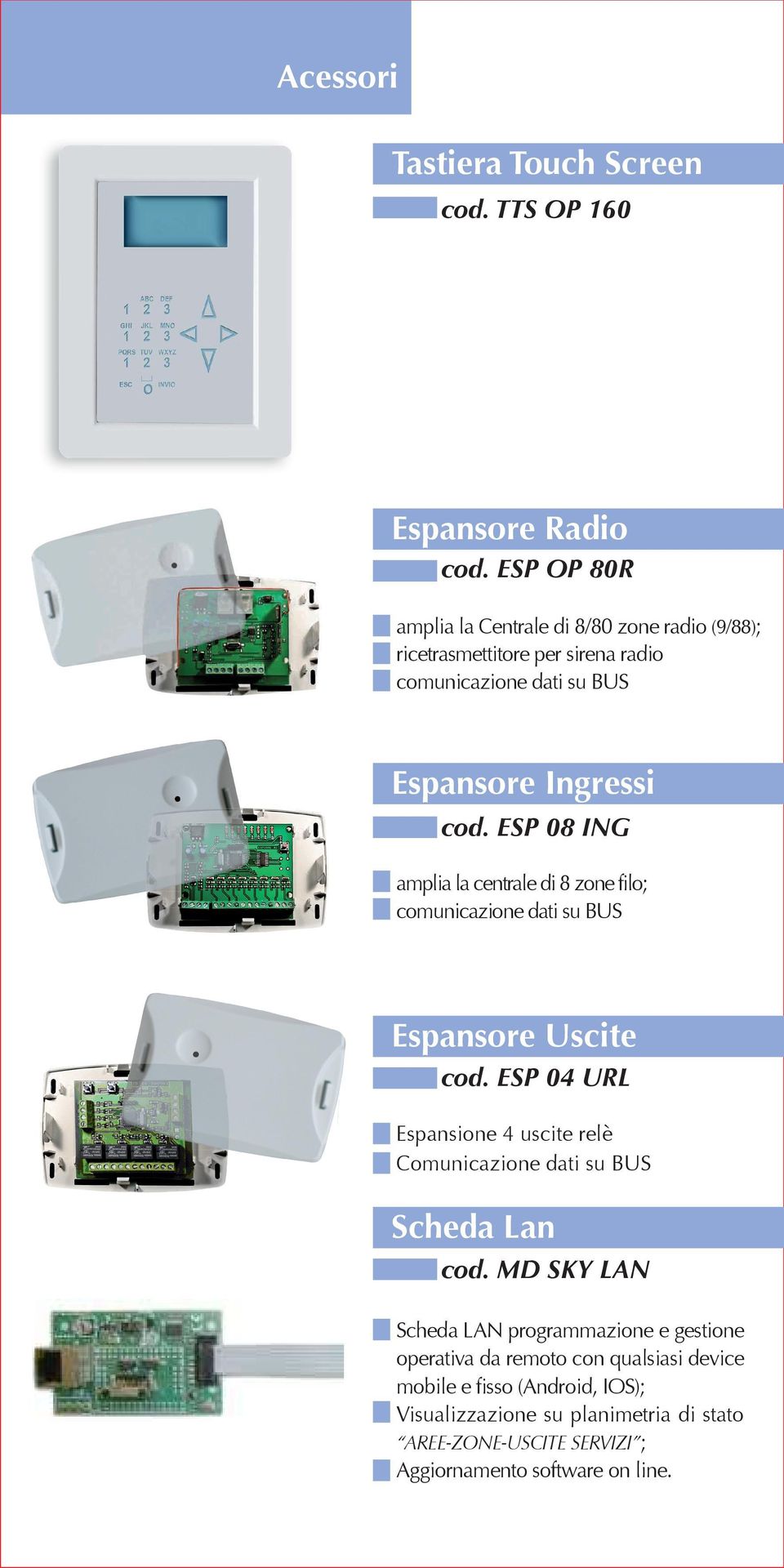 ESP 08 ING amplia la centrale di 8 zone filo; comunicazione dati su BUS Espansore Uscite cod.