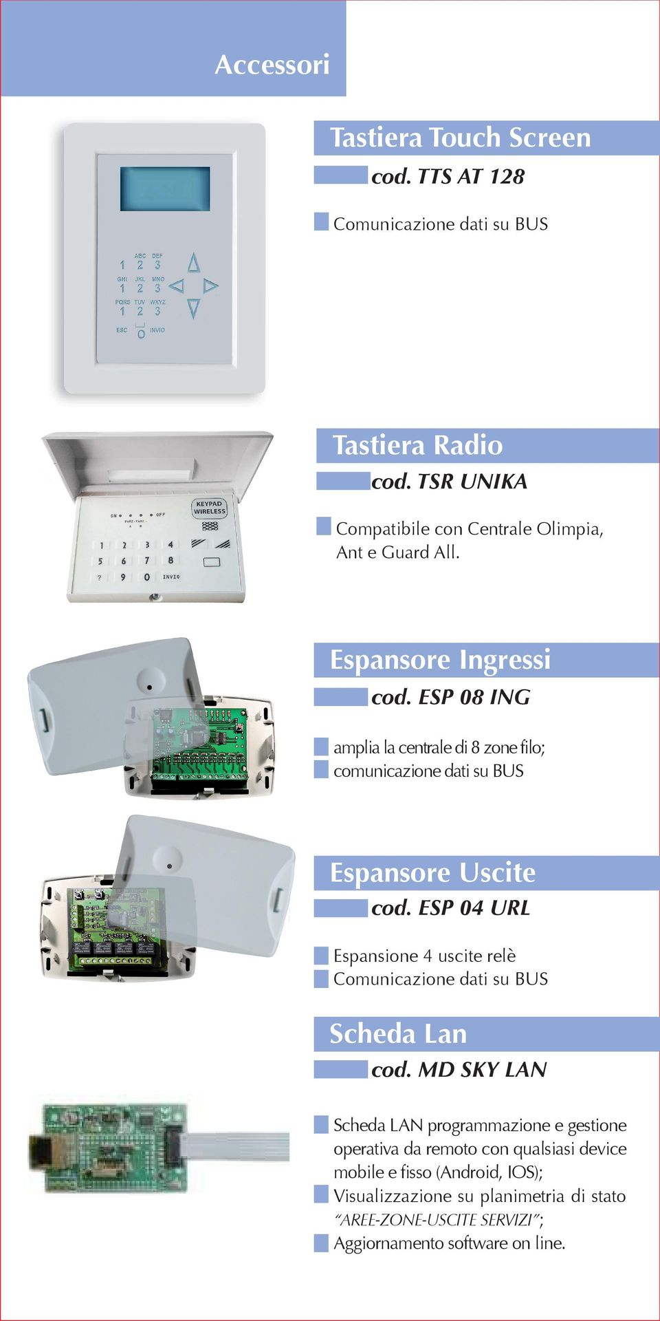 ESP 08 ING amplia la centrale di 8 zone filo; comunicazione dati su BUS Espansore Uscite cod.