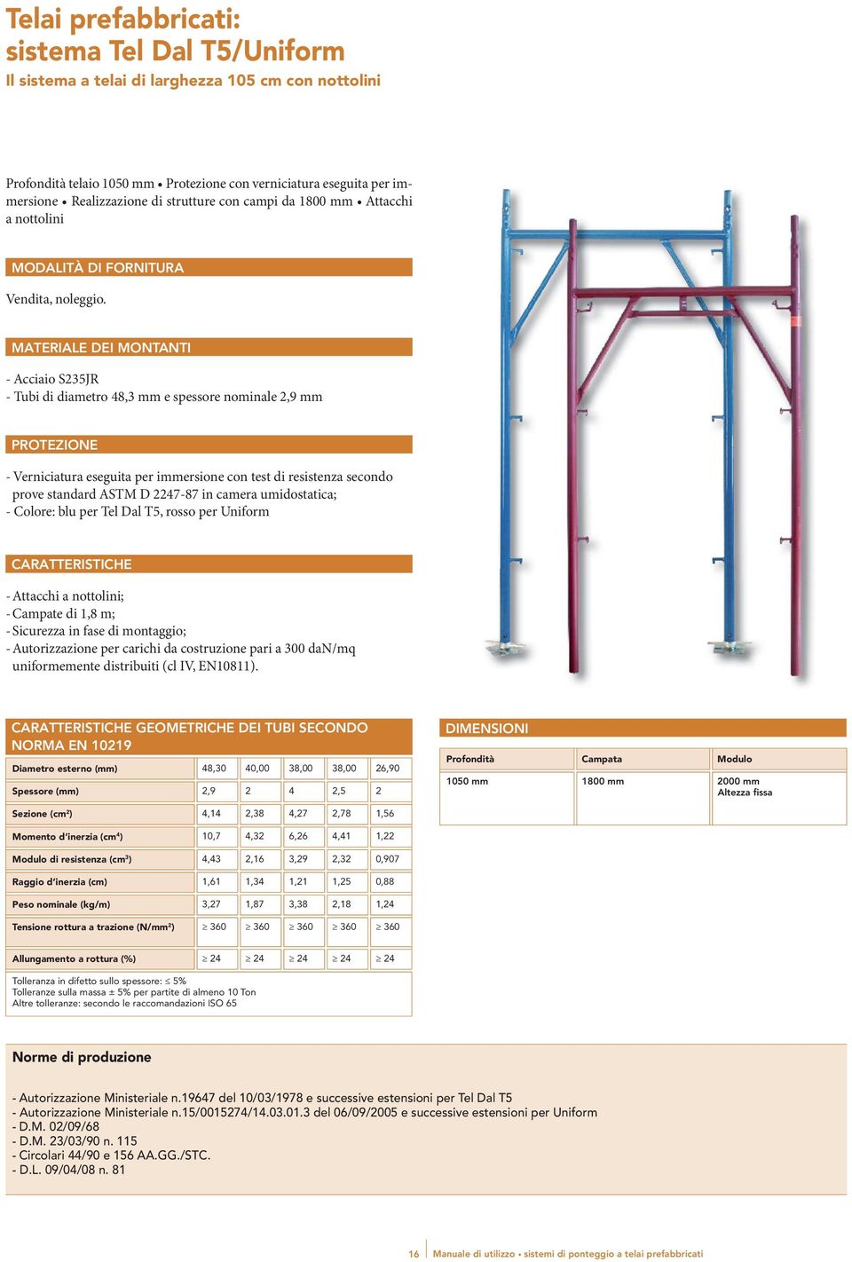 MATERIALE DEI MONTANTI - Acciaio S235JR - Tubi di diametro 48,3 mm e spessore nominale 2,9 mm PROTEZIONE - Verniciatura eseguita per immersione con test di resistenza secondo prove standard ASTM D