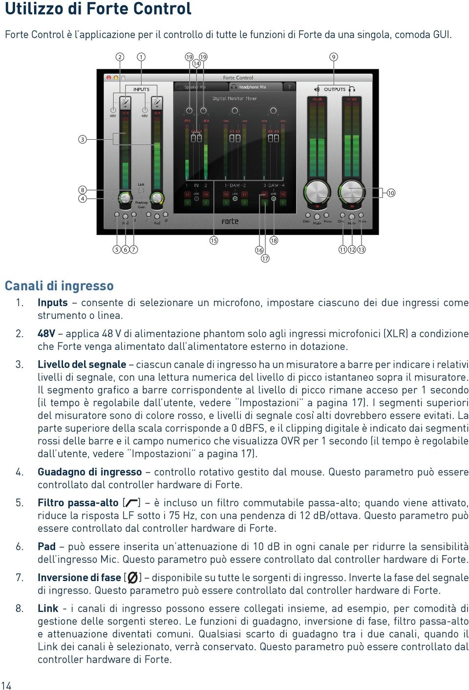 48V applica 48 V di alimentazione phantom solo agli ingressi microfonici (XLR) a condizione che Forte venga alimentato dall alimentatore esterno in dotazione. 3.