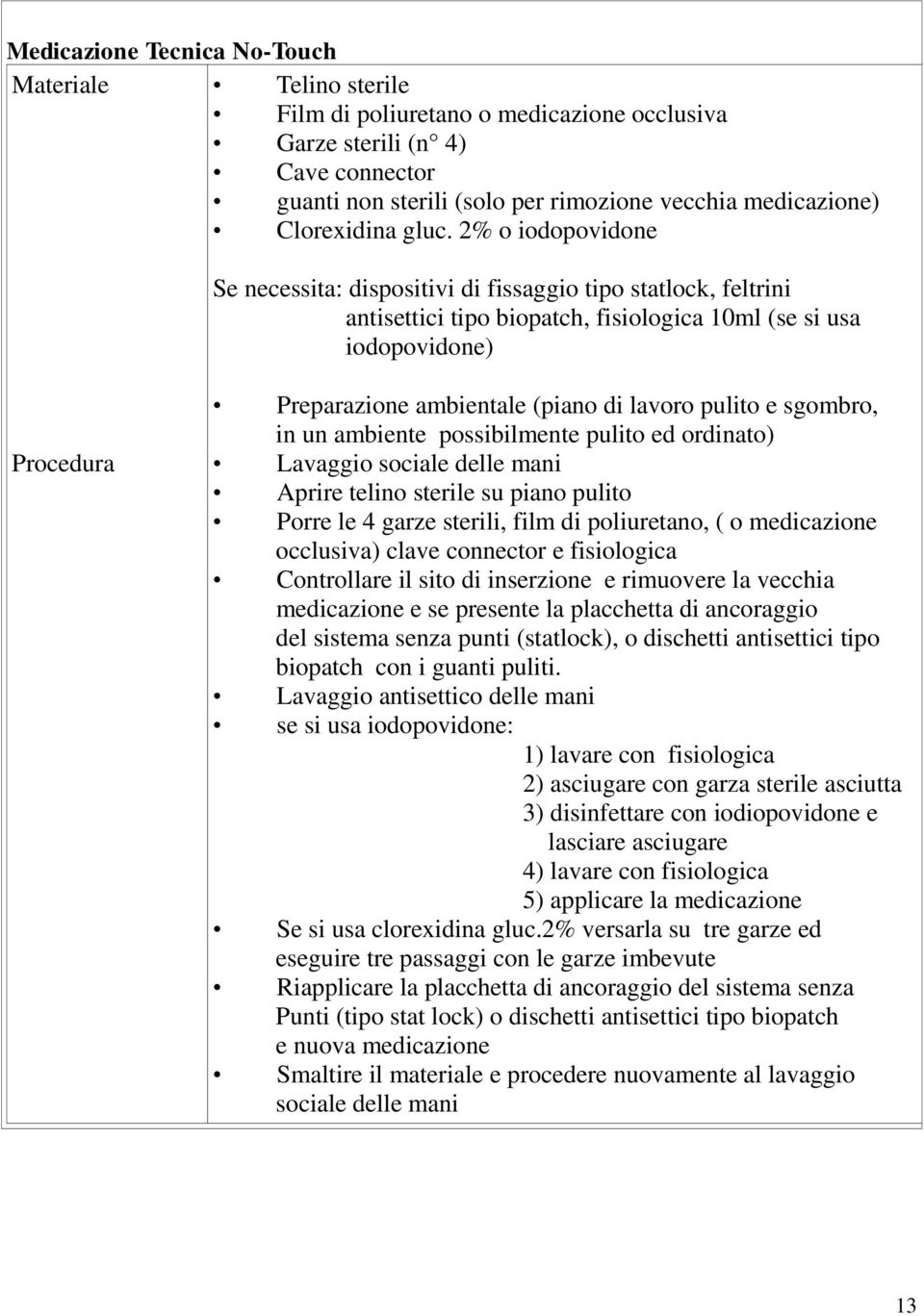 2% o iodopovidone Se necessita: dispositivi di fissaggio tipo statlock, feltrini antisettici tipo biopatch, fisiologica 10ml (se si usa iodopovidone) Procedura Preparazione ambientale (piano di