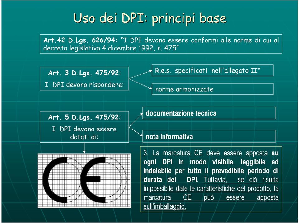 La marcatura CE deve essere apposta su ogni DPI in modo visibile, leggibile ed indelebile per tutto il prevedibile periodo di durata del DPI.