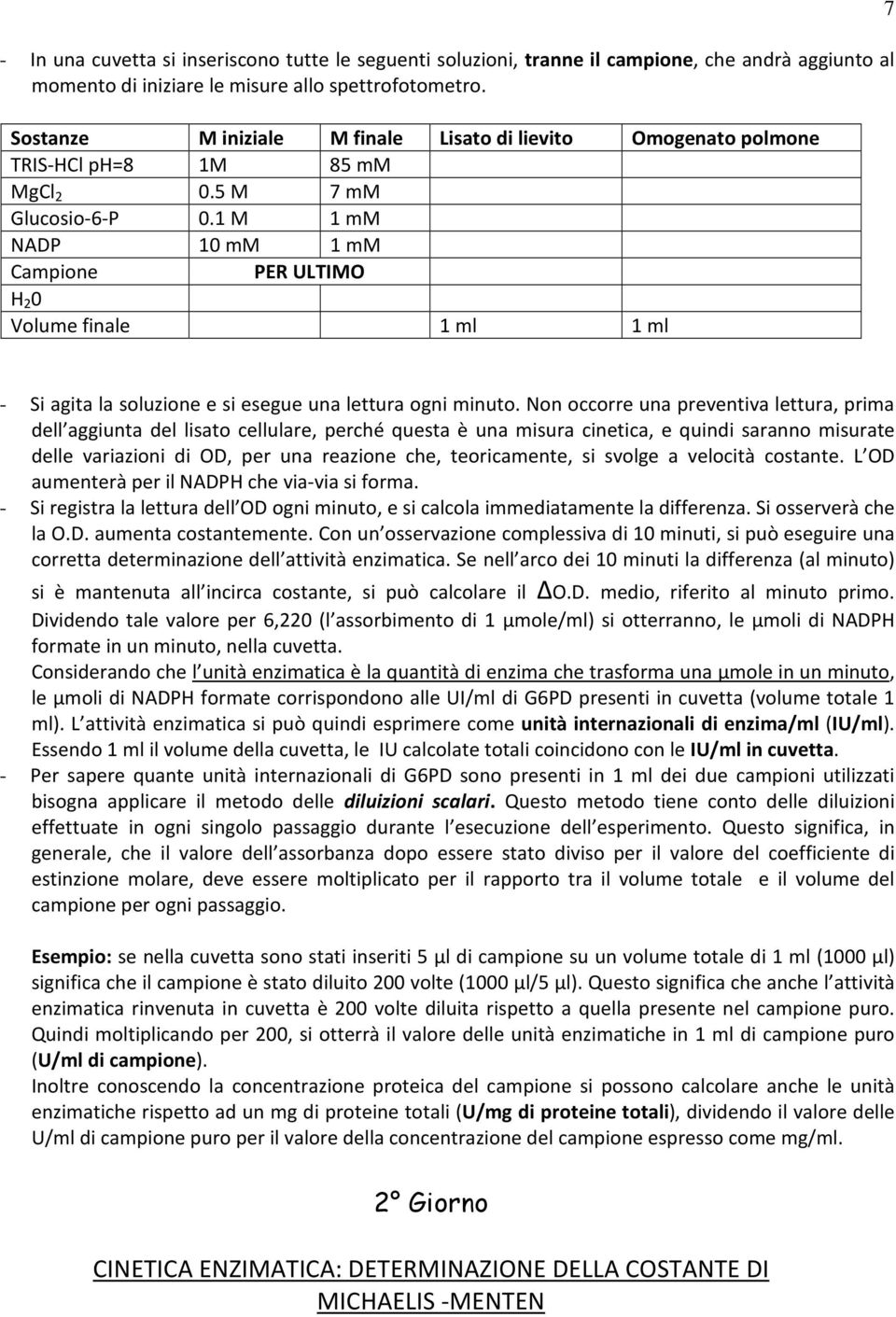 1 M 1 mm NADP 10 mm 1 mm Campione PER ULTIMO H 2 0 Volume finale 1 ml 1 ml 7 - Si agita la soluzione e si esegue una lettura ogni minuto.