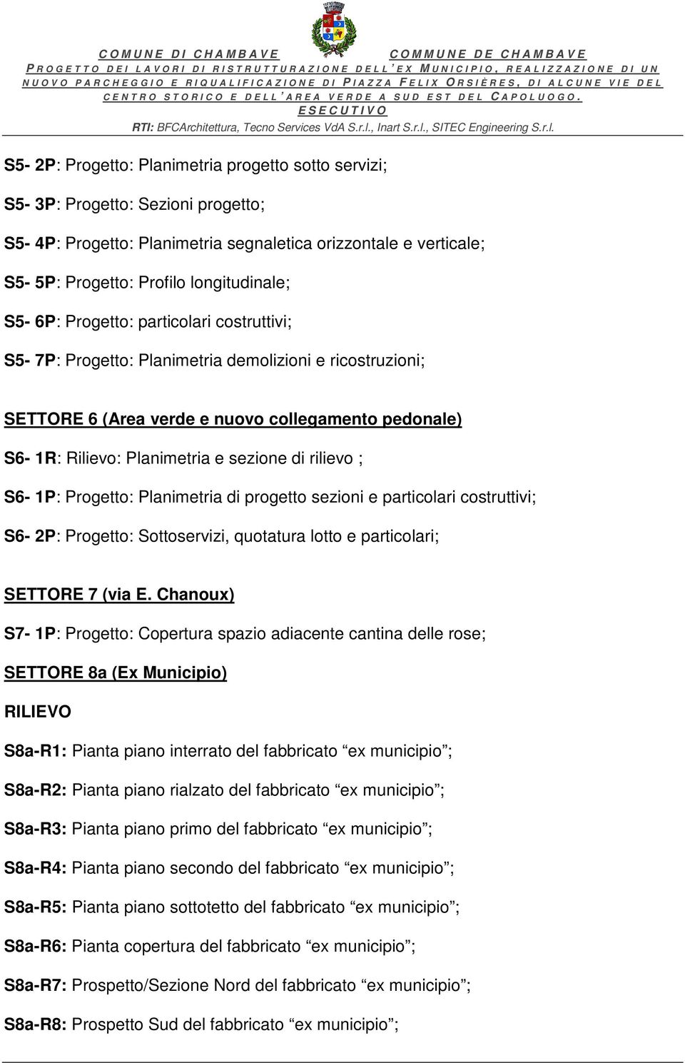 rilievo ; S6-1P: Progetto: Planimetria di progetto sezioni e particolari costruttivi; S6-2P: Progetto: Sottoservizi, quotatura lotto e particolari; SETTORE 7 (via E.