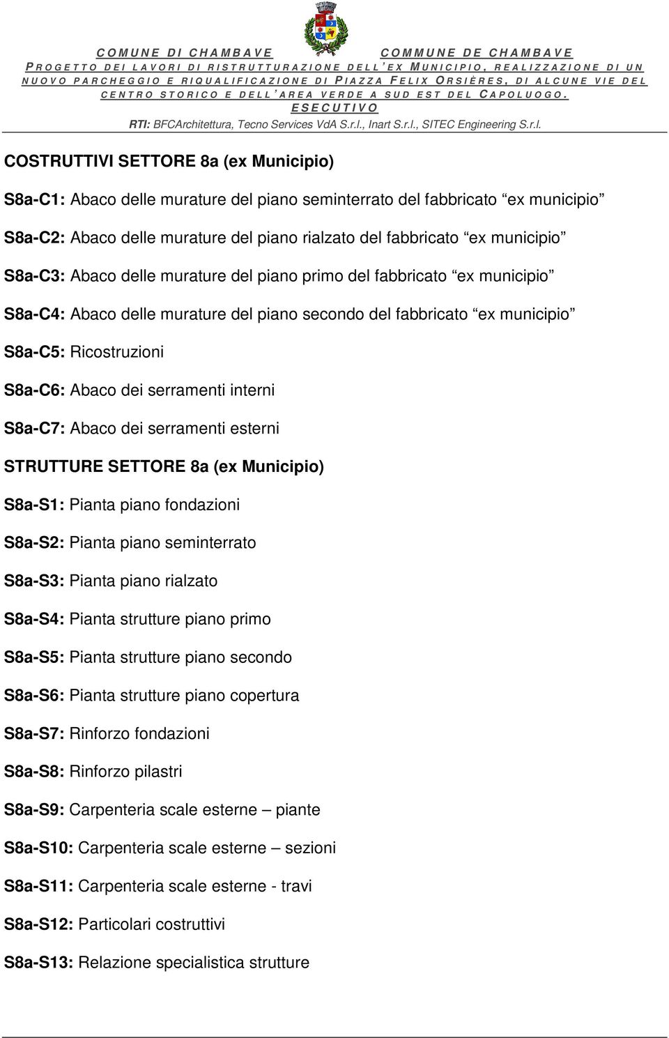 interni S8a-C7: Abaco dei serramenti esterni STRUTTURE SETTORE 8a (ex Municipio) S8a-S1: Pianta piano fondazioni S8a-S2: Pianta piano seminterrato S8a-S3: Pianta piano rialzato S8a-S4: Pianta