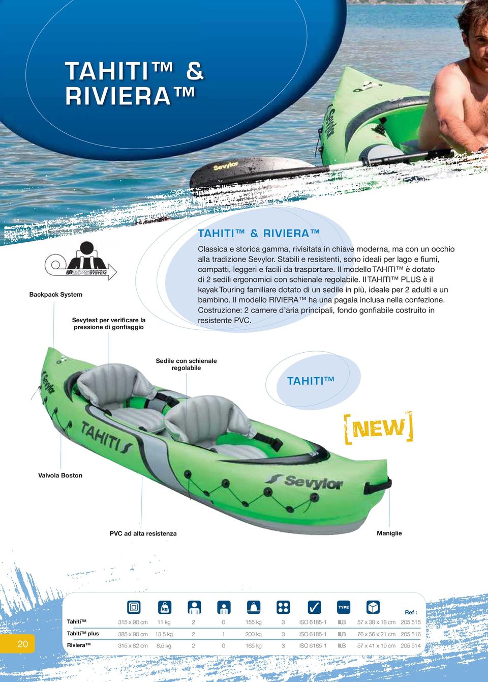 Il TAHITI PLUS è il kayak Touring familiare dotato di un sedile in più, ideale per 2 adulti e un bambino. Il modello RIVIERA ha una pagaia inclusa nella confezione.
