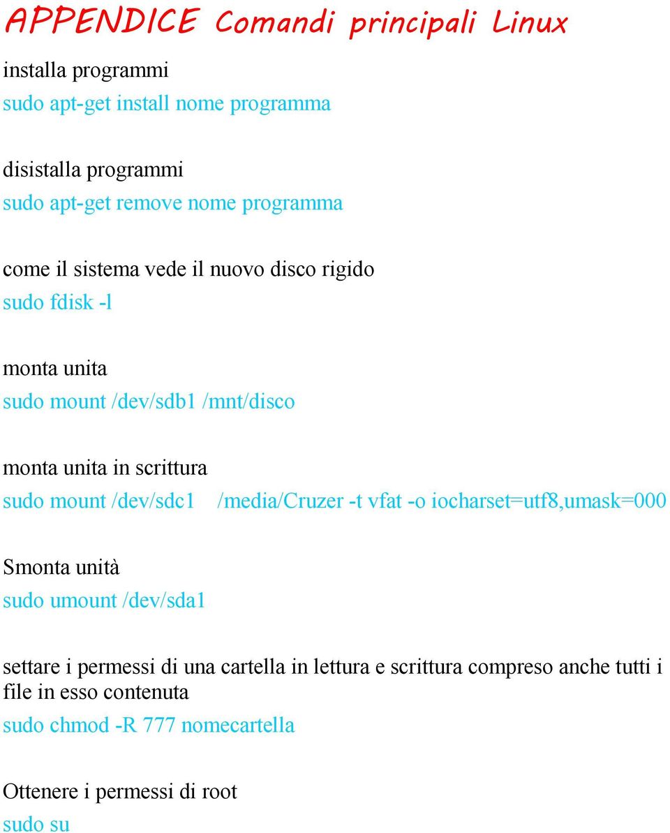 sudo mount /dev/sdc1 /media/cruzer -t vfat -o iocharset=utf8,umask=000 Smonta unità sudo umount /dev/sda1 settare i permessi di una