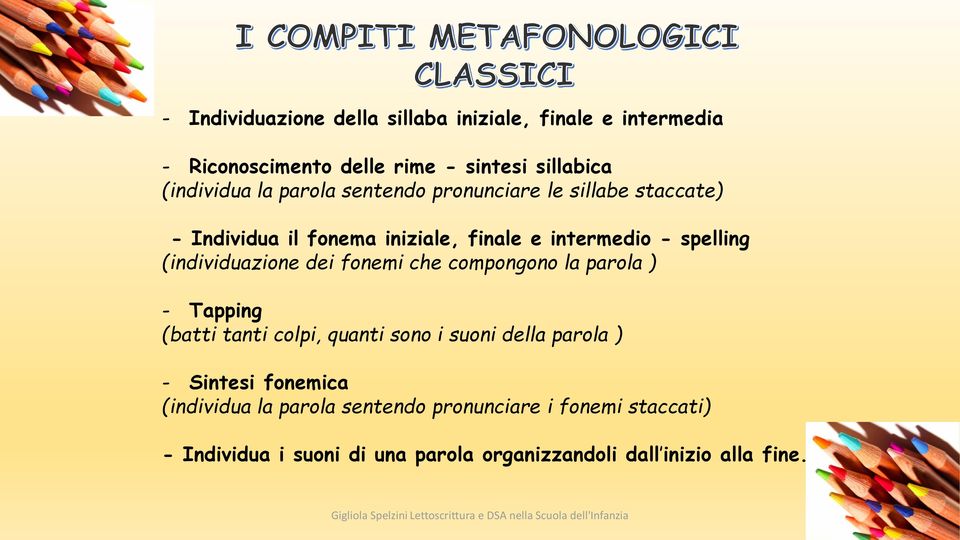 (individuazione dei fonemi che compongono la parola ) - Tapping (batti tanti colpi, quanti sono i suoni della parola ) -