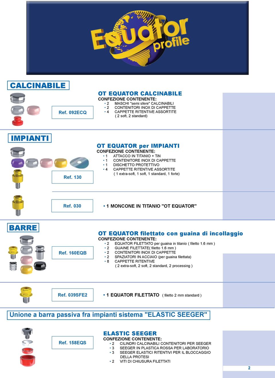 030 1 MONCONE IN TITANIO "OT EQUATOR" barre Ref. 160EQB OT EQUATOR filettato con guaina di incollaggio 2 EQUATOR FILETTATO per guaina in titanio ( filetto 1.6 mm ) 2 GUAINE FILETTATE( filetto 1.