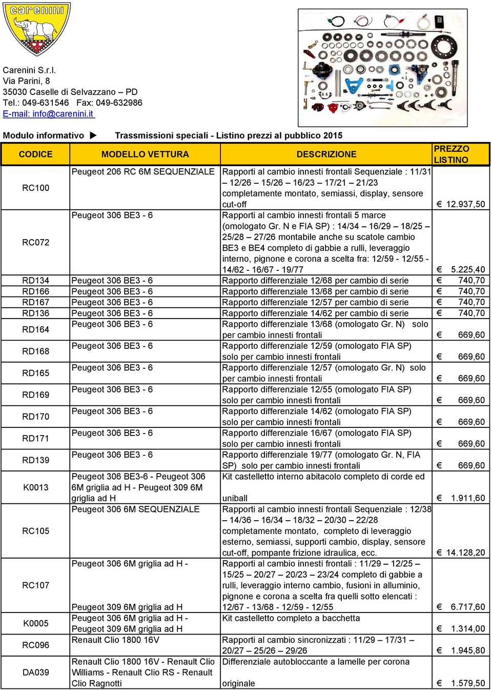 N e FIA SP) : 14/34 16/29 18/25 RC072 25/28 27/26 montabile anche su scatole cambio BE3 e BE4 completo di gabbie a rulli, leveraggio interno, pignone e corona a scelta fra: