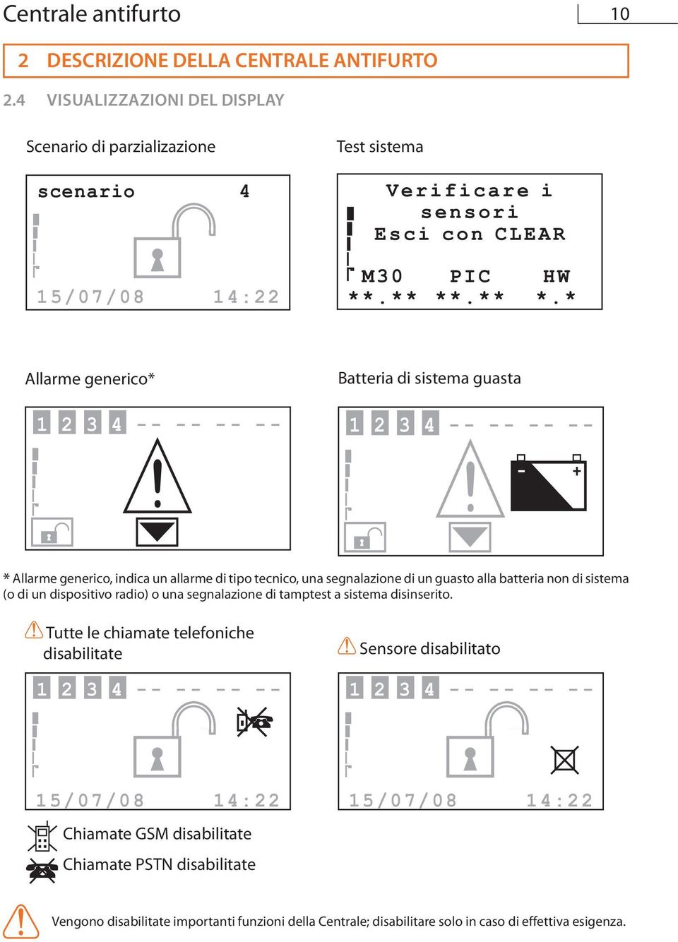 * Allarme generico* 1 2 3 4 - - - - - - - - Batteria di sistema guasta 1 2 3 4 - - - - - - - - - + * Allarme generico, indica un allarme di tipo tecnico, una segnalazione di un guasto alla batteria